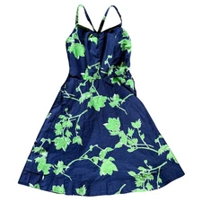 Vintage Murray Meisner Fit and Flare Dress Leaf Print Navy Retro Made in USA