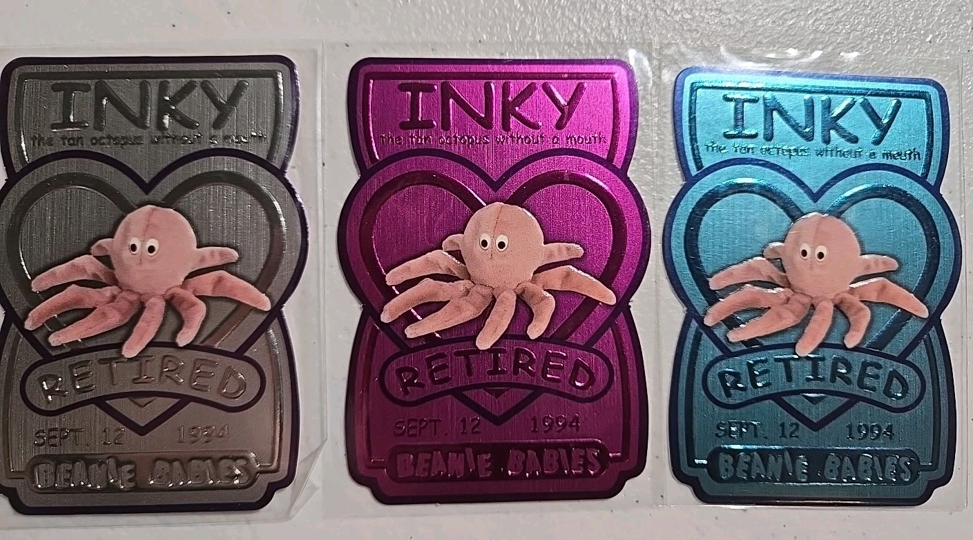 INKY TAN OCTOPUS TY Beanie Babies BBOC Series 3 Retired SILVER, MAGENTA, & TEAL 