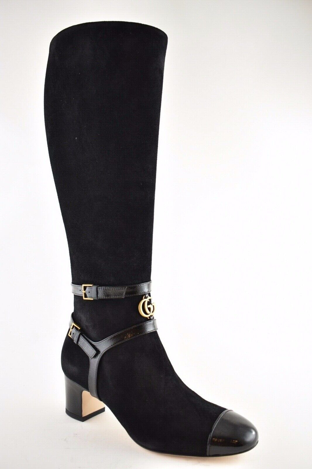 Gucci Geraldine 55 Black Suede Patent GG Gold Logo Low Heel Knee High Boot 35 image 4
