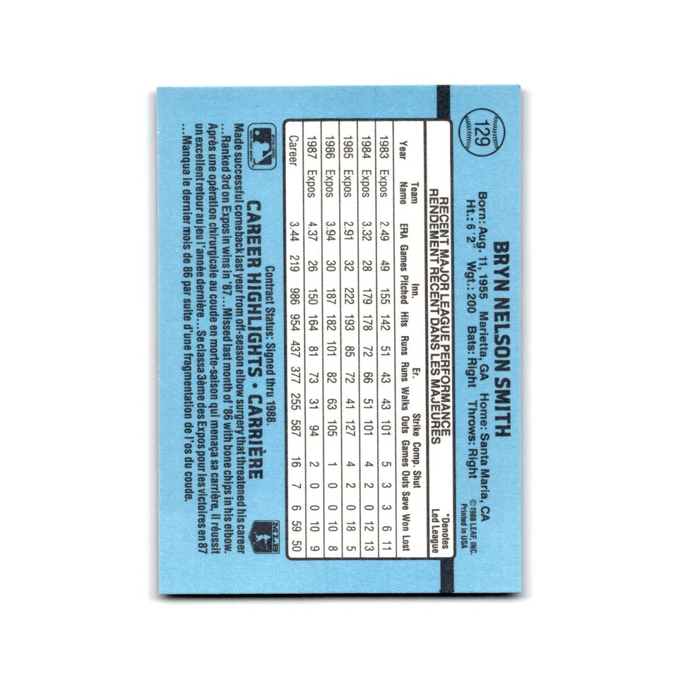 Bryn Smith 1988 Leaf #129 Montreal Expos Baseball Card NM - Image 2 of 3