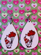 Gnome Holding Balloon Bouquet Large Teardrop Dangle Pierced Earrings