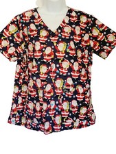 Peaches Sport Christmas Scrub Top XL Santa Print V-Neck Short Sleeves Cotton
