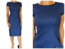 Elie Tahari Blue Women's Wool Dress Sheath Cap Sleeve Leather Trim Career Fall 0