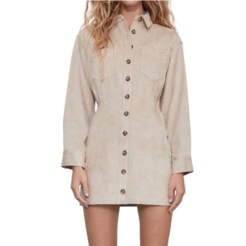 NWT Zara Faux Suede Tan Mini Shirt Dress Women's Size Small
