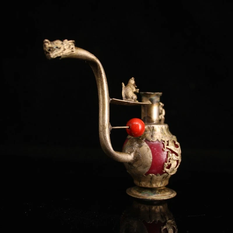 Старый китайский тибет серебряная инкрустация красный нефрит ручной работы трубка курительные инструменты 6802 - Изображение 2 из 4