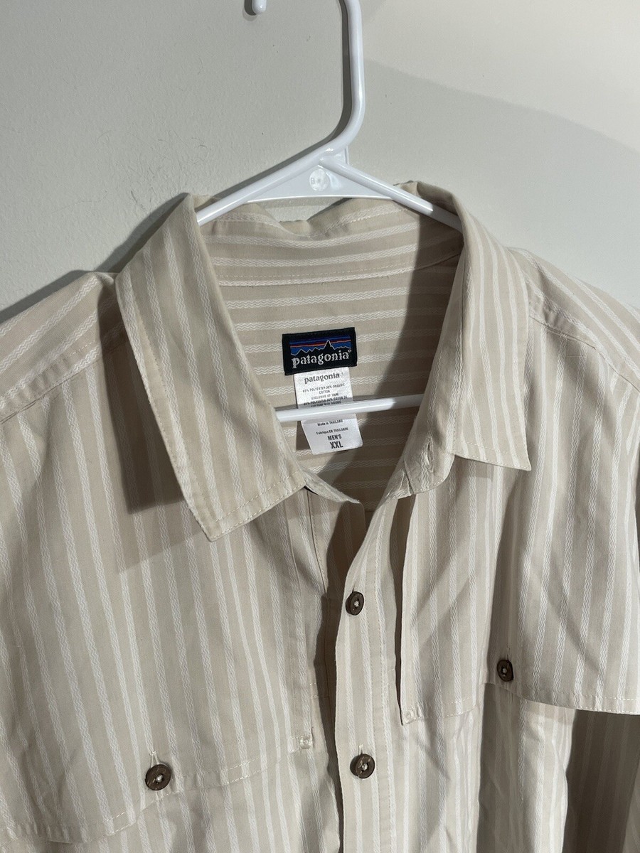 トップス Patagonia Striped Short Sleeve Shirt Mens Patagonia Short Sleeve XXL Tan White Striped Shirt Poly