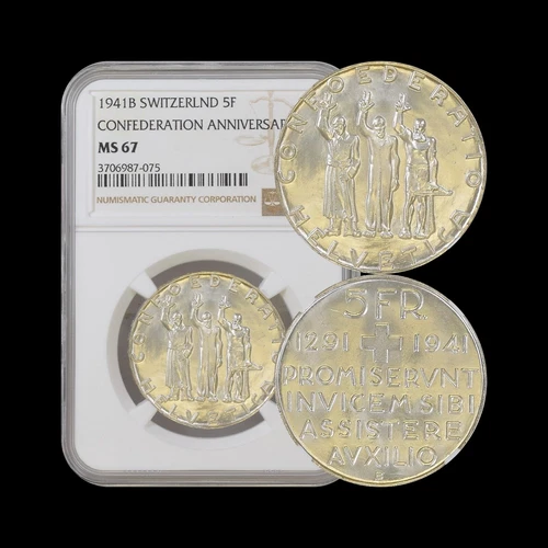 SWITZERLAND. 1941, 5 Francs, Silver - NGC MS67 - Confederation Anniversary