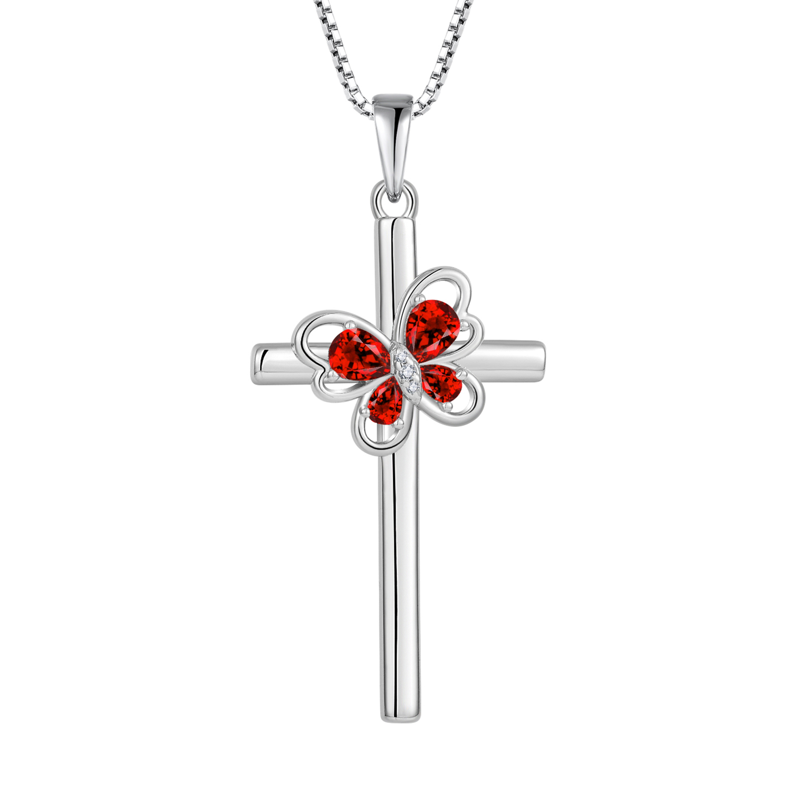S925 Butterfly Cross Necklace January Birthstone Pendant Religious Jewelry Gifts