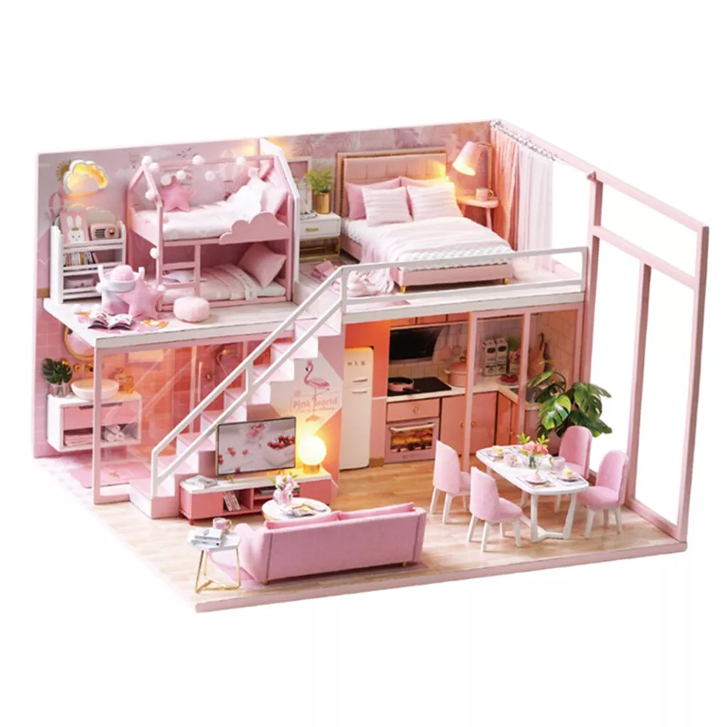 DIY Miniature Dollhouse Kit - 1:24 Scale Doll House Pink Bedroom