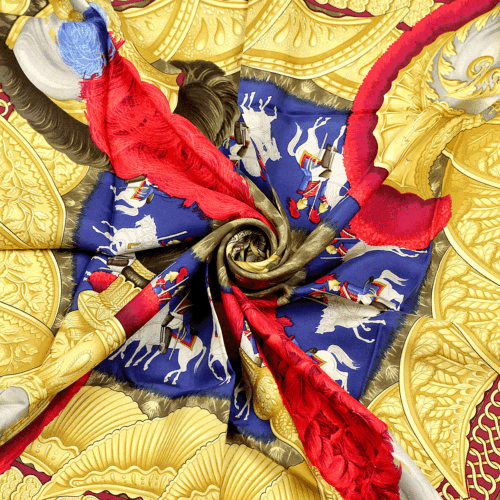 Hermes Scarf CASQUES ET PLUMETS Vintage 90cm Silk Red Blue JULIA ABADIE - 第 1/8 張圖片
