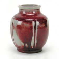 Rookwood Pottery production 4 5/8" paneled red drip over gray 1929 KS vase
