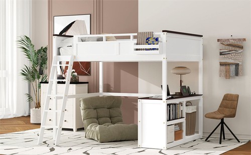Queen Size Loft Bed with Desk,Open Shelf and Storage Box,Charging Station,White - Picture 12 of 16