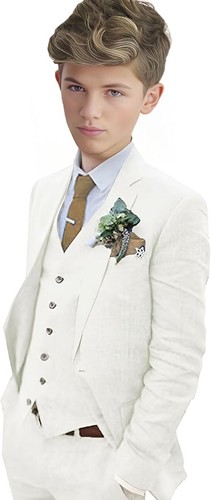 Boys Linen Suit Boys Tuxedo Slim Fit 3 Piece Summer Suit Kids Linen Suit Jacket - Picture 24 of 31