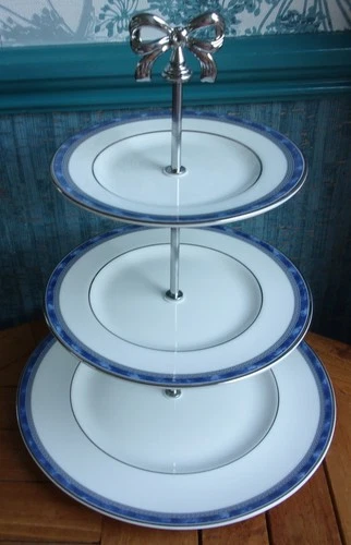 Royal Doulton Atlanta 3 tier XL cake stand Made from blue & silver plates