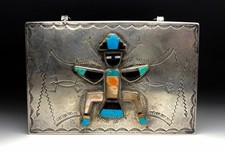 Native Zuni Inlay Knifewing Sterling Silver Box By Leo Poblano d. C.G Wallace