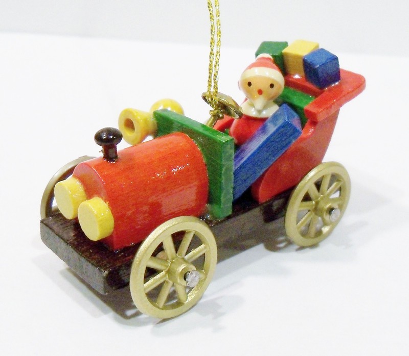 Santa Claus Antique Car Goula Spain Erzgebirge Style Wooden Wood Vntg Ornament