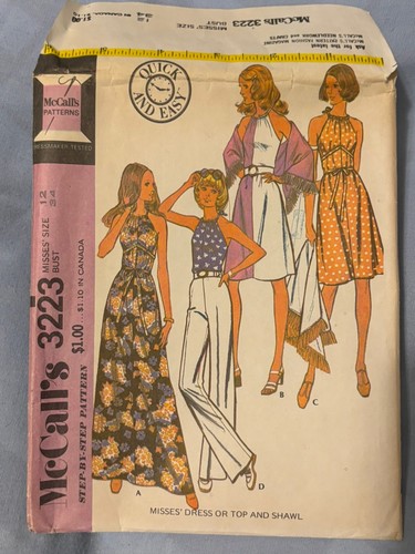 Vintage 1972 MCCalls Sewing Pattern Misses Halter Dress Top & Shawl  Complete