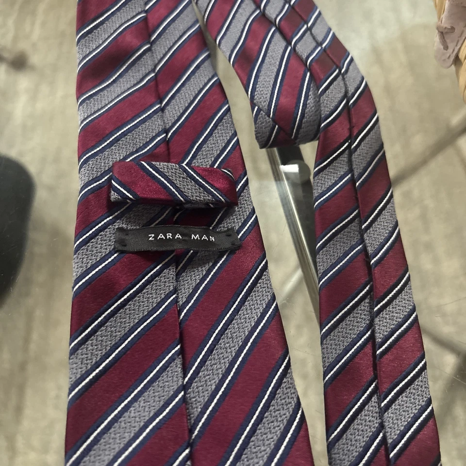 Corbata Zara Hombre Seda Diagonal Rayas Hombres Repp Cuello 59 x 3.75" Marrón Rosa Nueva con Etiquetas Foto 2 de 3