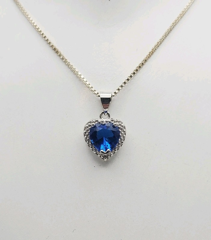 Sterling Silver 1.44ct Blue Tourmaline Heart CZ Halo Pendant Necklace 18"