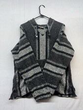 Baja Hoodie Mexican Blanket Pullover Gray Black Striped XL Boho Surf