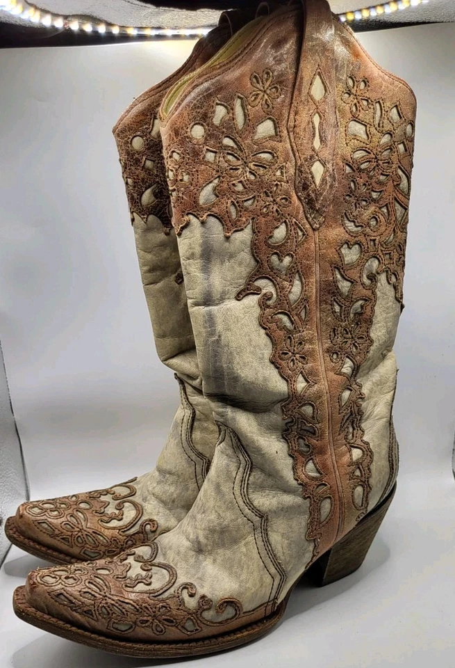 CORRAL VINTAGE Addison A2665 Size 9M Sand/Cognac Laser-Cut Cowgirl Boots - Image 2 of 4