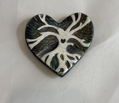 Jeremy Diller Raku Pottery Handmade Blessed Heart Tree of Life Green Signed JD