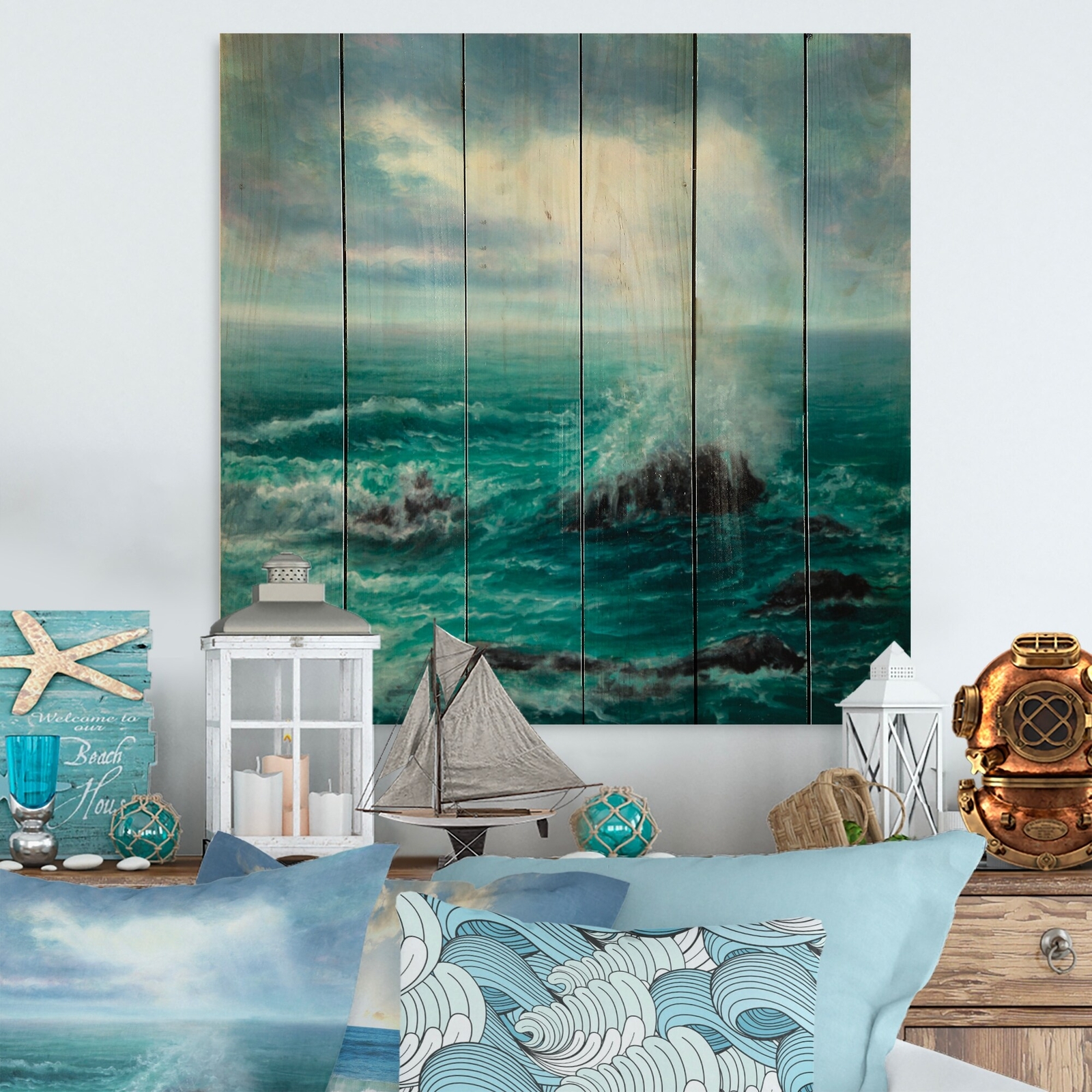 Designart 'Wild Blue Ocean Waves II' Nautical & Coastal Wood