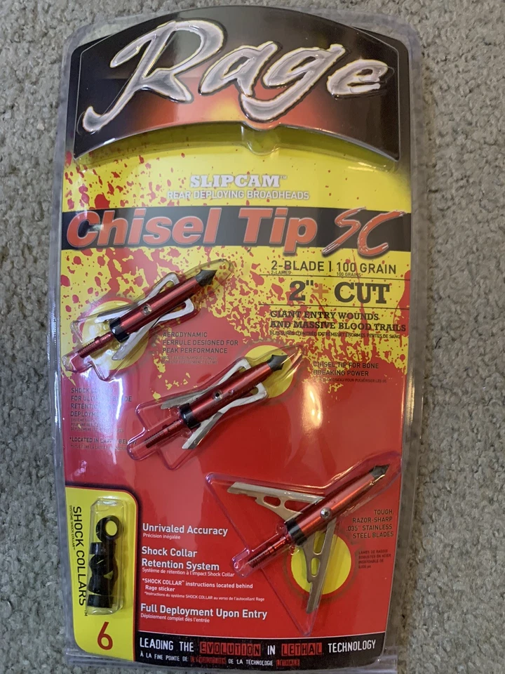 Rage Chisel Tip SC 2-blade 100 Grain 2" Cut Broadheads FREE SHIPPING
