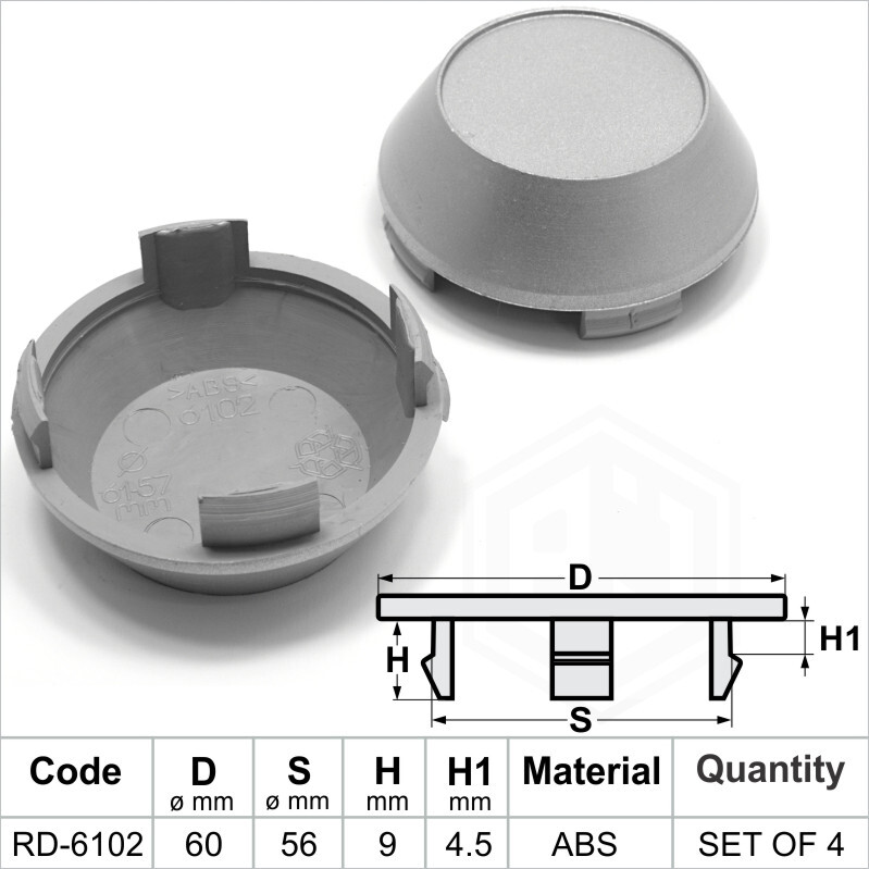 Set Of 4 Hub Center Caps - 60mm & 56mm Fit For Alloy Wheels (Cover Part #6009) | Silver Plastic