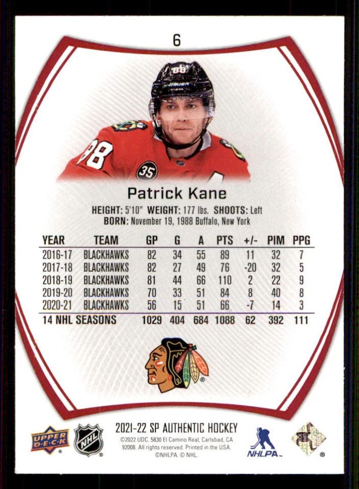 2021-22 SP Authentic Limited Red #6 Patrick Kane - Image 2 of 2