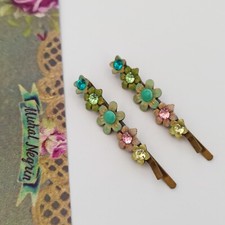 Michal Negrin Hairpin Pastel Colorful Flowers Lot 2 Barrettes Pair Crystals Gift