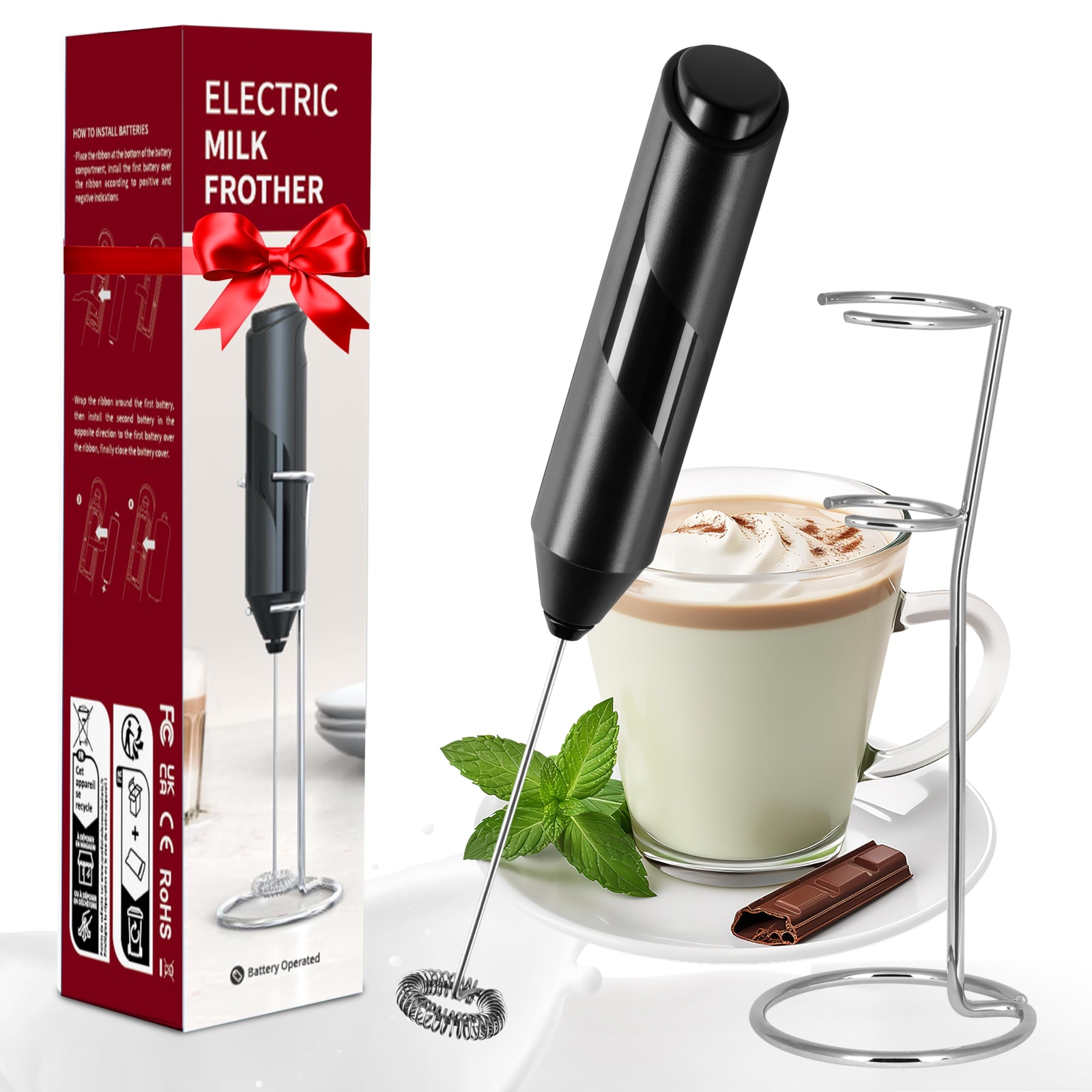 Milk Frother Handheld, Battery Operated Whisk Maker with Stainless Steel Stan...-image