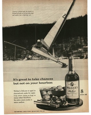 1961 Walker's DeLuxe Bourbon Vintage Print Ad Ice Boating Greenwood Lake
