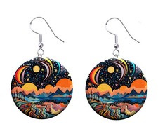 Celestial Landscape Button Earrings Jewelry 1" Dangle MADE IN USA - NEW