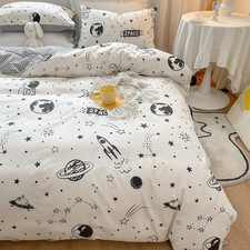 Space Duvet Cover Set 100 Cotton Twin Cartoon Rocket Astronaut Universe Plan...