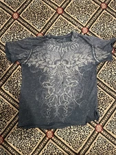 Affliction | Mens XL Short Sleeve T Shirt Gray Distressed Grunge Skull Y2K Cross