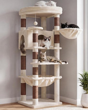 53-Inch Corner Cat Tree Tower with Perch, Condo, Basket Hammock - Beige