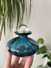 Blue Glass Perfume Bottle Vintage Ridged with Glass Stopper Elegant Swirled