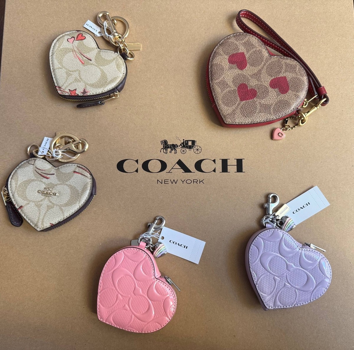 NWT COACH Heart Bag Charm With Patent Signature Leather