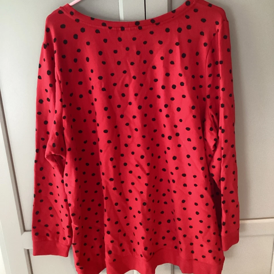 Denim & Co Cotton  Blend Long Sleeve  Polka Dot  Sweatshirt Size 2X Red Black - Image 3 of 4