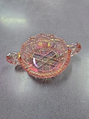 Vintage LE SMITH Cut Sawtooth Pink Carnival  Double Handled Sugar Bon Bon Bowl