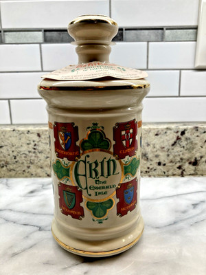 Vintage 1973 Old Fitzgerald Counties of Ireland Porcelain Decanter Bottle w Lid.