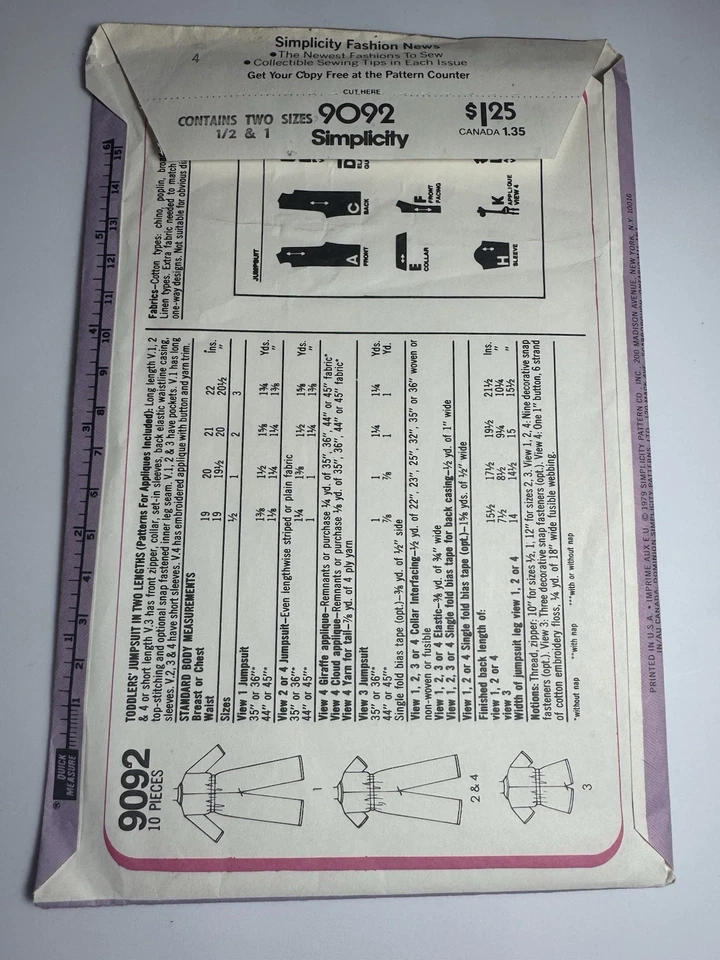 Tot Toddler Jumpsuit Kangaroo Applique Pattern Simplicity 9092 1970's Vintage - Image 3 of 4