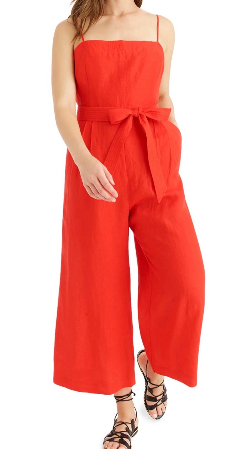 Women's 100% Linen Red Belted Midi Jumpsuit Size 10 (M)