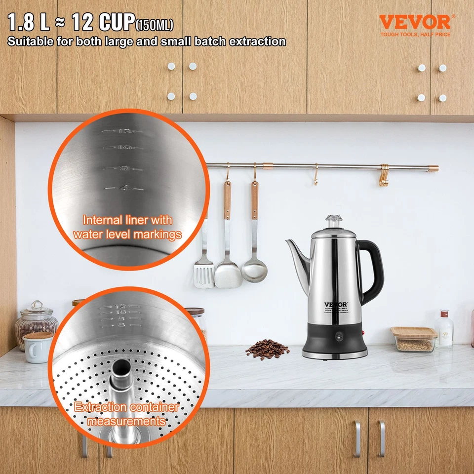 VEVOR 12-Cup Electric Percolator Coffee Pot Stainless Steel Body Coffee Maker - Image 2 of 4