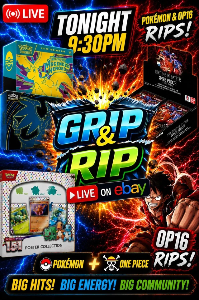 $1 start auctions🎉 Pokémon + One Piece Rips ⚡️Join the fun!