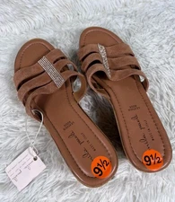 Mila Paoli Italian Leather Wedge Slide Sandals Size 9.5 Brown Rhinestone NEW