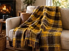 Vintage Wool Plaid Throw Blanket Mustard Brown Gray Fringe 50x54 Cozy Cabin