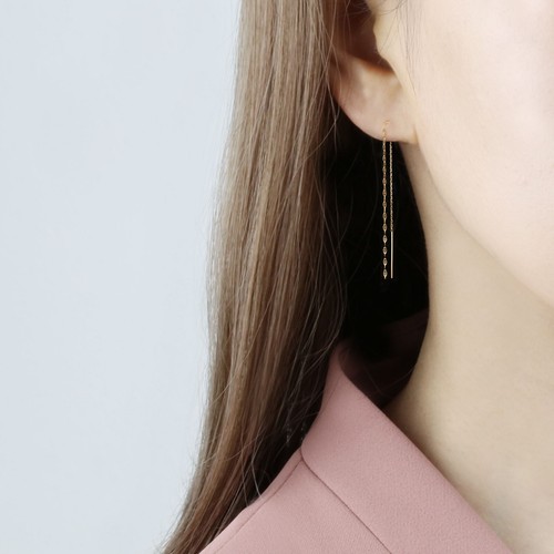 14k Solid Gold Double Chain Threader Earring, Pull Through Dangling Earring - Picture 2 of 6