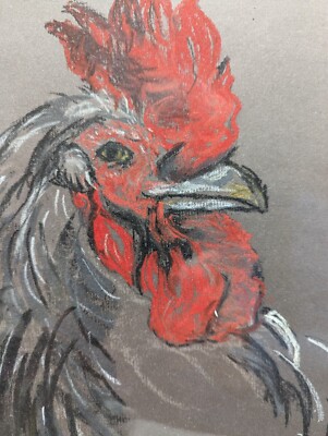 Original Kohle/Pastellzeichnung Hahn Henne Huhn 28x38cm rahmenfertig